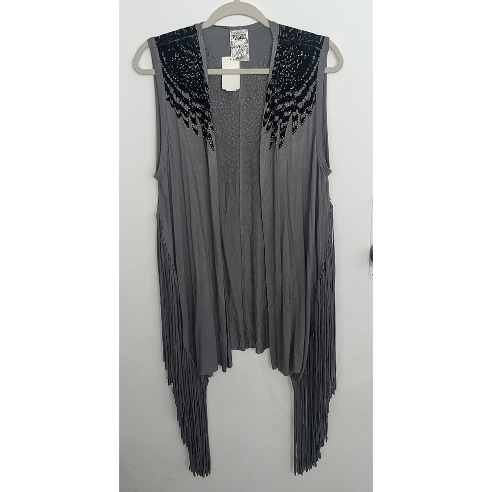 Vocal Womens XL Gray Embellished Fringe Vest Duster Black Beaded Boho Y2K - Picture 3 of 10